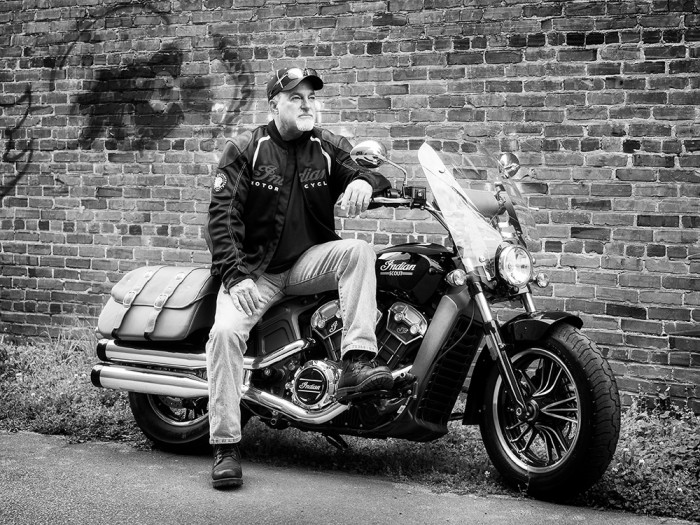 Carl on his Scout, Tyra (B&W)